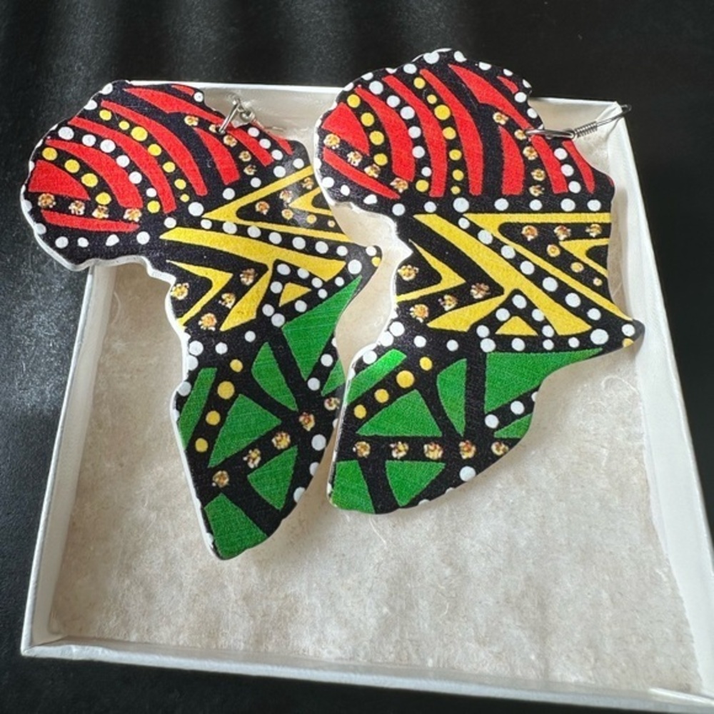 African Dangle Red Yellow Green Earrings Unique Painted Handmade Pierced